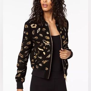 Rachel Zoe Collection Black Suede Bomber Jacket with Gold Sequin Embroidery FLAW